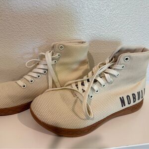 NOBULL Cream High-Top Sneakers with Brown Sole